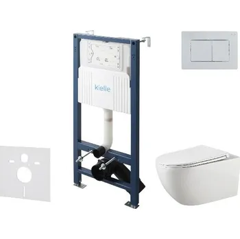 WC sada kielle Genesis New - Set předstěnové instalace, klozetu Gaia, Rimless, sedátka softclose a tlačítka Gemini New III, lesklý chrom 30528SS17