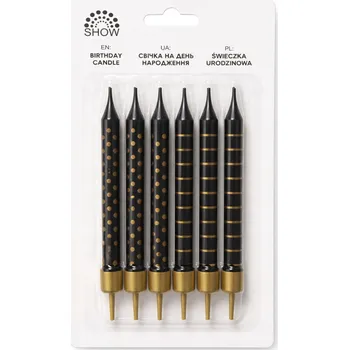 Dortová svíčka Černé narozeninové svíčky se zlatým vzorem 6 ks – svíčky na dort