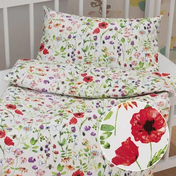 Povlečení Dětské bavlněné povlečení do postýlky Sandra SA-608 Červeno-fialové luční kvítí s motýlky a čmeláčky na bílém Do postýlky 90x140 a 50x70 cm