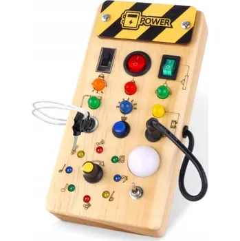 Dřevěná hračka DŘEVĚNÁ SENZORICKÁ MANIPULAČNÍ TABULE SPÍNAČ SVĚTLA MONTESSORI LED