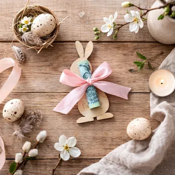 Velikonoční dekorace Dřevěná velikonoční dekorace na peníze ZAJÍC/VAJÍČKO Druh obrázku: Zajíček