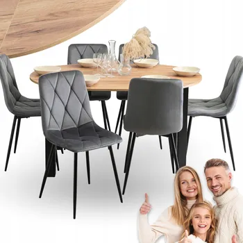 Jídelní stůl Sada: Rozkládací kulatý stůl Mebel Elite dub craft-černý a 6 židlí šedé