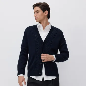 Pánský svetr Reserved - Rozepínací svetr s příměsí vlny - tmavomodrá - 108DS-59X - 108DS-59X-S