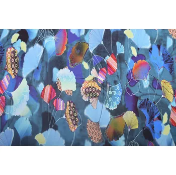 Viskózový úplet v modré barvě s digitálním potiskem listů PAR1155