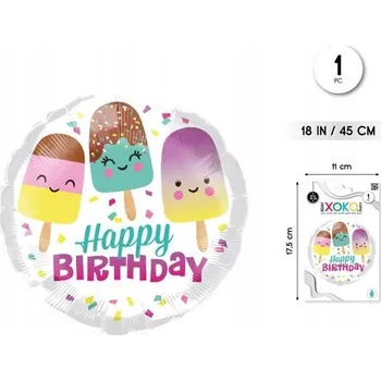 Balónek Fóliový balónek kulatý bílý Happy Birthday zmrzlina 18''/45 cm