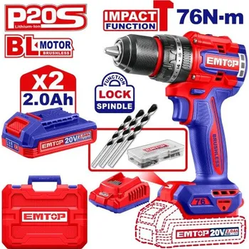 EMTOP Aku vrtací šroubovák s příklepem 20V 76Nm 2x2.0Ah + Pracovní rukavice v hodnotě 59,-