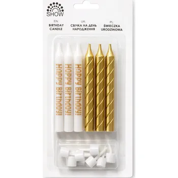 Dortová svíčka Narozeninové svíčky bílé se zlatým nápisem Happy Birthday – SHOW
