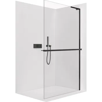 CERANO - Sprchová zástěna Walk-in Onyx L-pravá vzpěra - 10 mm + polička/držák na ručníky - černá matná, transparentní sklo - 130x200 cm