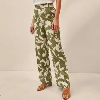 Dámská móda Široké kalhoty s potiskem a pružným pasem khaki/režná 46