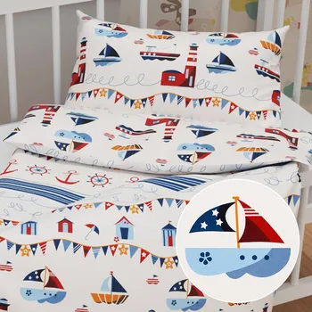 Povlečení Dětské bavlněné povlečení do postýlky Sandra SA-597 Modro-červené lodě v přístavišti Do postýlky 90x130 a 40x60 cm