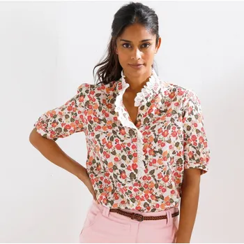 Dámská halenka Mušelínová halenka s potiskem květin khaki/růžová 48