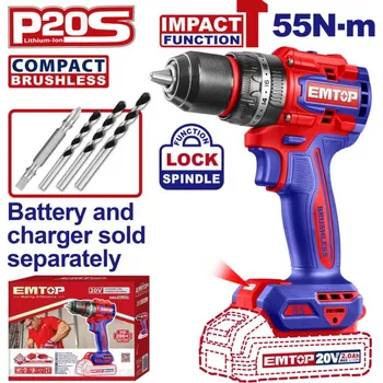 EMTOP Aku vrtací šroubovák s příklepem 20V 55Nm solo