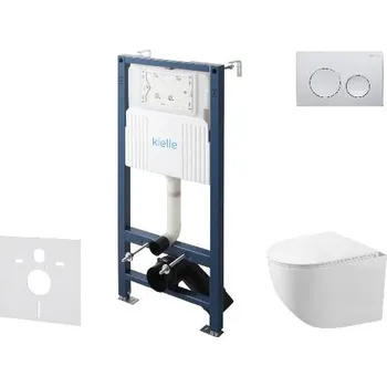 kielle Genesis New - Set předstěnové instalace, kompaktního klozetu Gaia, Rimless, sedátka softclose a tlačítka Gemini New I, lesklý chrom 30528SS83