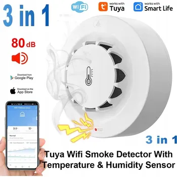 Sada domovního alarmu 3v1 Detektor Kouře, Teploty a Vlhkosti 80dB Zvukový Alarm a WiFi TUYA