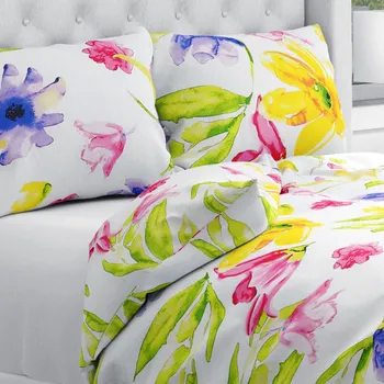 Povlečení Bavlněné ložní povlečení Sandra SA-481 Žluto-růžové akvarelové květy na bílém Jednolůžko 140x200 a 70x90 cm