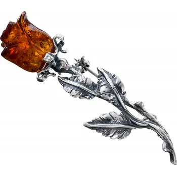 Brož Stříbrná brož růže 5 gramů koňaková BURSZTYN jantar