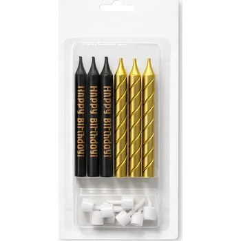 Dortová svíčka Narozeninové svíčky "Happy Birthday" černo-zlaté 6 ks