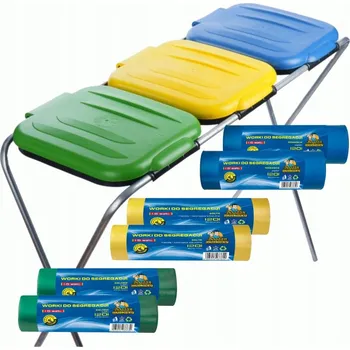 Odpadkový koš KOVOWÝ STOJAN na třídění odpadu, kontejner, KOŠ NA ODPAD + 3 role pytlů 120l