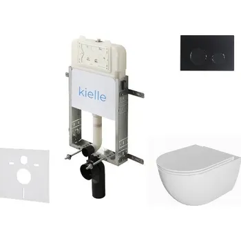 WC sada kielle Genesis New - Set předstěnové instalace, klozetu Oudee, Rimless, sedátka softclose a tlačítka Gemini New II, matná černá 30528SZ06