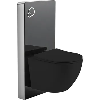 WC sada CERANO - Kompletní WC set sanitární splach. modul - černá matná + WC závěsné Verde, Rimless + Slim/UF sedátko - černá matná - 49x36 cm