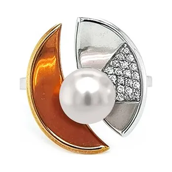 Prsten Zlatý Prsten s Perlou a Diamanty 2010512