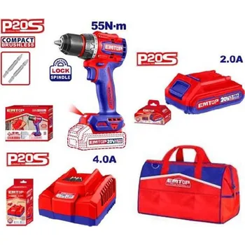 EMTOP aku set, vrtací šroubovák 20V 55Nm, akumulátor 2.0Ah, nabíječka 4A, taška + Pracovní rukavice v hodnotě 59,-