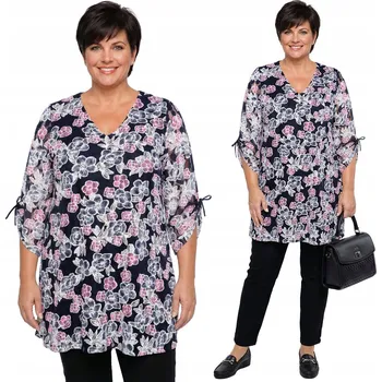 Dámská tunika Tmavě modrá krajková tunika s růžovo-bílými květy a velikostí velikost 56/58