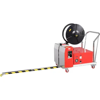 Obalový materiál Poloautomatický páskovací stroj TP-502MV - vertikální páskování palet Páskovací stroj: Bateriově poháněný, pro PP pásku šíře 12 mm