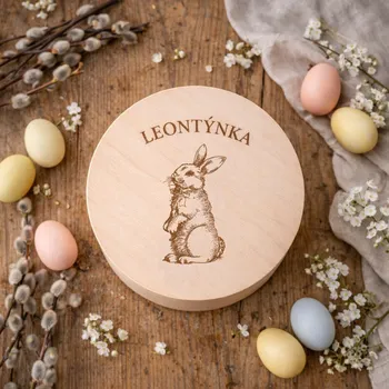 Dárková krabička Dřevěná krabička kulatá s vlastním jménem VELIKONOCE Rozměr krabičky: 14 x 5,5 cm