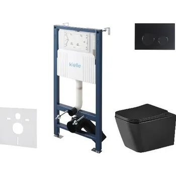 WC sada kielle Genesis New - Set předstěnové instalace, klozetu Arkas I, Vortex Rimless+, sedátka softclose a tlačítka Gemini New II, matná černá 30528SS95