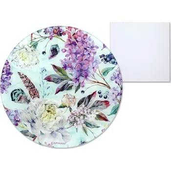 Kuchyňské prkénko Carmani - Skleněné krájecí prkénko kulaté, rozkvelé květiny a šeřík - Ø 30 cm