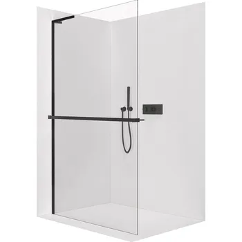 CERANO - Sprchová zástěna Walk-in Onyx L-levá vzpěra - 10 mm + polička/držák na ručníky - černá matná, transparentní sklo - 110x200 cm