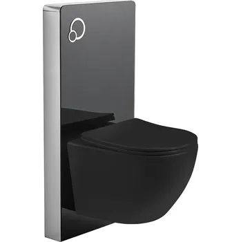 WC sada CERANO - Kompletní WC set sanitární splach. modul - černá matná + WC závěsné Verde, Rimless + Slim/UF sedátko - černá lesklá - 49x36 cm