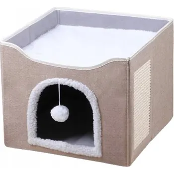 PELÍŠEK PRO KOČKY BUDKA DOMEČEK SKLÁDACÍ ŠKRABADLO S HRACÍ KULIČKOU BÉŽOVÁ
