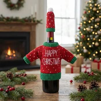 Vánoční dekorace Vánoční obal na láhev svetr s čepicí ALTOM DESIGN HAPPY CHRISTMAS 16 cm červený zelený 2 ks