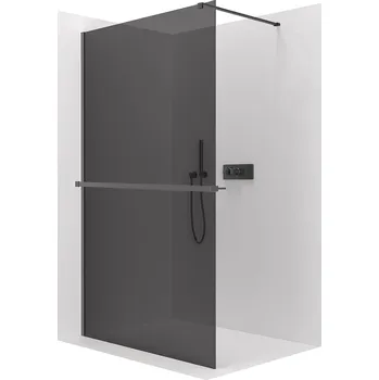 CERANO - Sprchová zástěna Walk-in Onyx Cube L/P - 10 mm - hranatá vzpěra + polička/držák na ručníky - černá matná, grafitové sklo - 140x200 cm