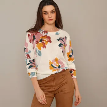 Dámský svetr Pulovr s potiskem květin režná/růžová 52