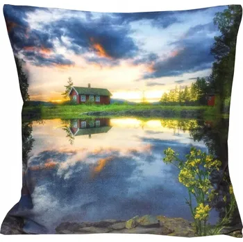 Povlak na polštářek Povlak na polštář 40x40 domeček u jezera velurový foto dekorativní