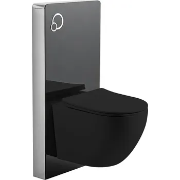 WC sada CERANO - Kompletní WC set sanitární splach. modul - černá matná + WC závěsné Cesso, Vortex Rimless + Slim/UF sedátko - černá matná - 49x36 cm