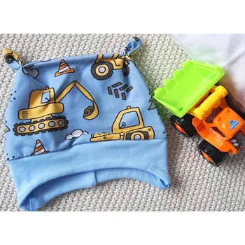 Kojenecká čepice AMÁLKA Elastická čepička teplákovina modrá, bagry Velikost: 56-62