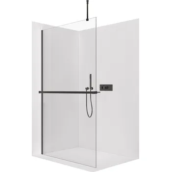 CERANO - Sprchová zástěna Walk-in Onyx Top Round L/P - 10 mm - kulatá vzpěra + polička/držák na ručníky - černá matná, transparentní sklo - 110x200 cm