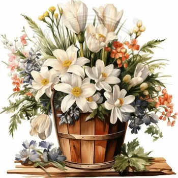 Textilní nažehlovací páska Dante Nažehlovačka Jarní kytice ve vědru - 6 x 6 cm