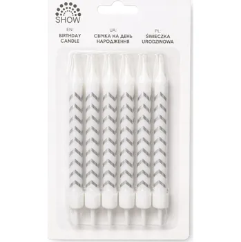 Dortová svíčka Bílé narozeninové svíčky ve stříbrném cik-cak vzoru 6 ks – svíčky na dort