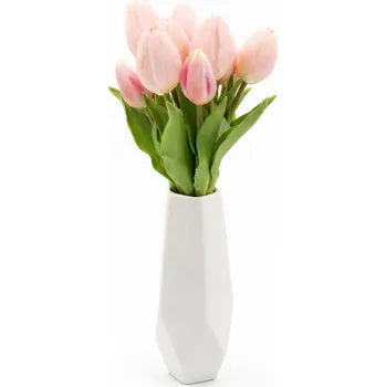 Váza KERAMICKÁ VÁZA BÍLÁ 35 CM + 10 KS UMĚLÝCH TULIPÁNY ELEGANTNÍ DEKORACE