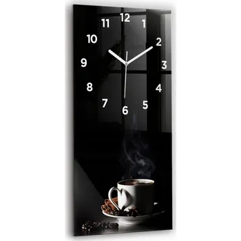 Hodiny Vertikální skleněné nástěnné hodiny do obýváku s grafikou Šálek kávy 30x60 cm