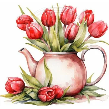 Textilní nažehlovací páska Dante Nažehlovačka Červené tulipány v konvičce - 12 x 11 cm