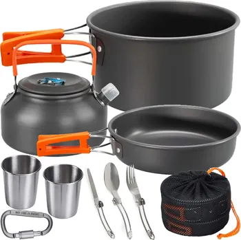 Kempingové nádobí Velká turistická sada nádobí na kempování s hrnci, pánví a konvicí