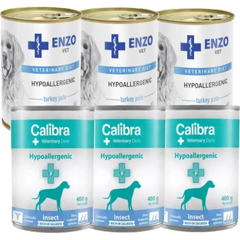 Krmivo pro psa Calibra Veterinary Diets Dog Hypoallergenic Insect & Salmon 3x400g + ENZO VET Hypoalergenní hypoalergenní dieta s krůtou pro psy 3x400g