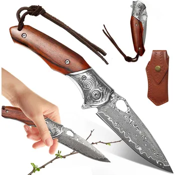 Kuchyňský nůž NŮŽ SKLÁDACÍ DAMAŠKOVÝ S DŘEVĚNOU RUKOJETÍ A ELEGANTNÍM KOŽENÝM POUZDRO