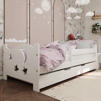Dětská postel Bílá 160x80 cm Lili se zásuvkou, zábranou a roštem, dřevěná